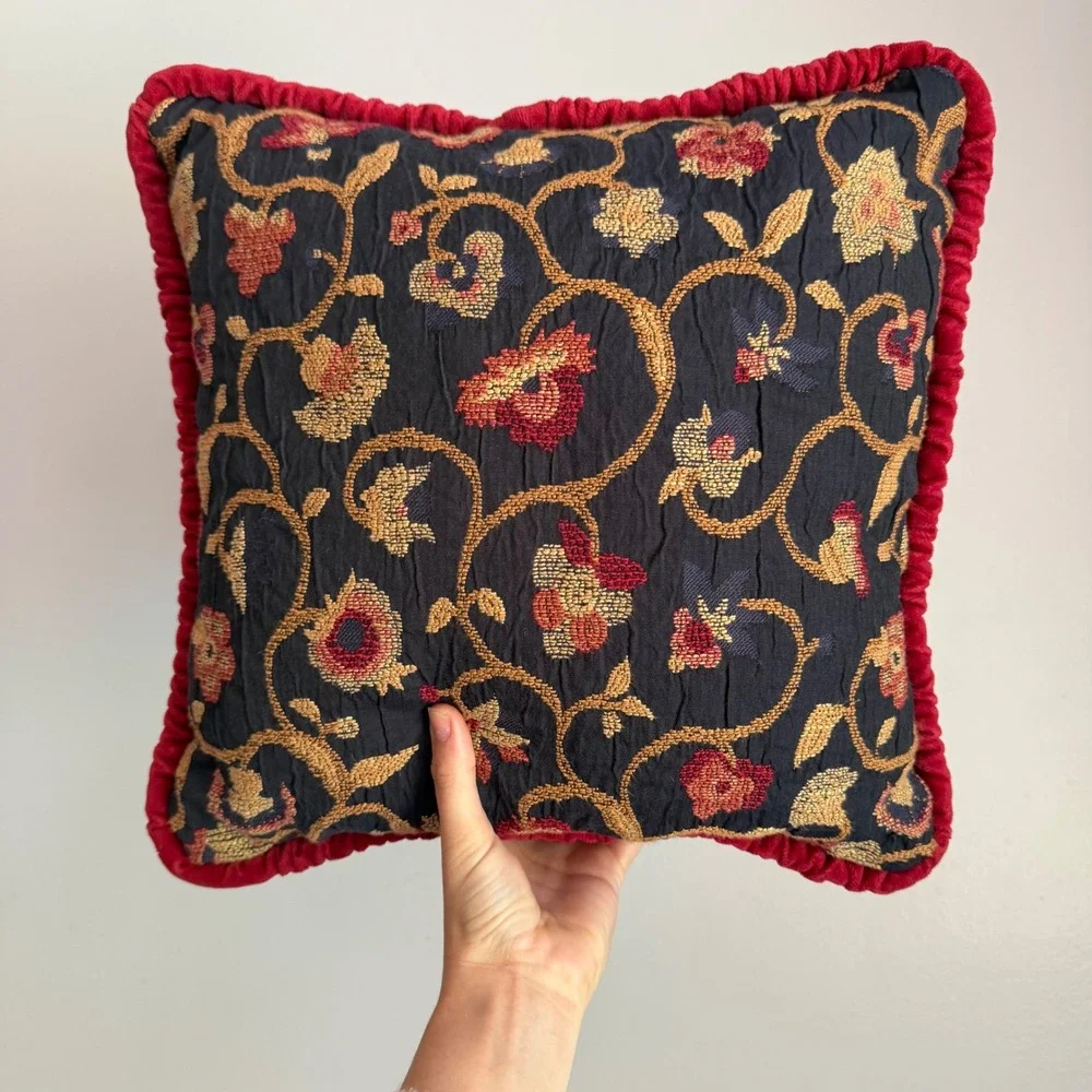 Vintage Floral Tapestry Throw Pillow Navy Red Gold Velvet Ruffle Trim 13x13